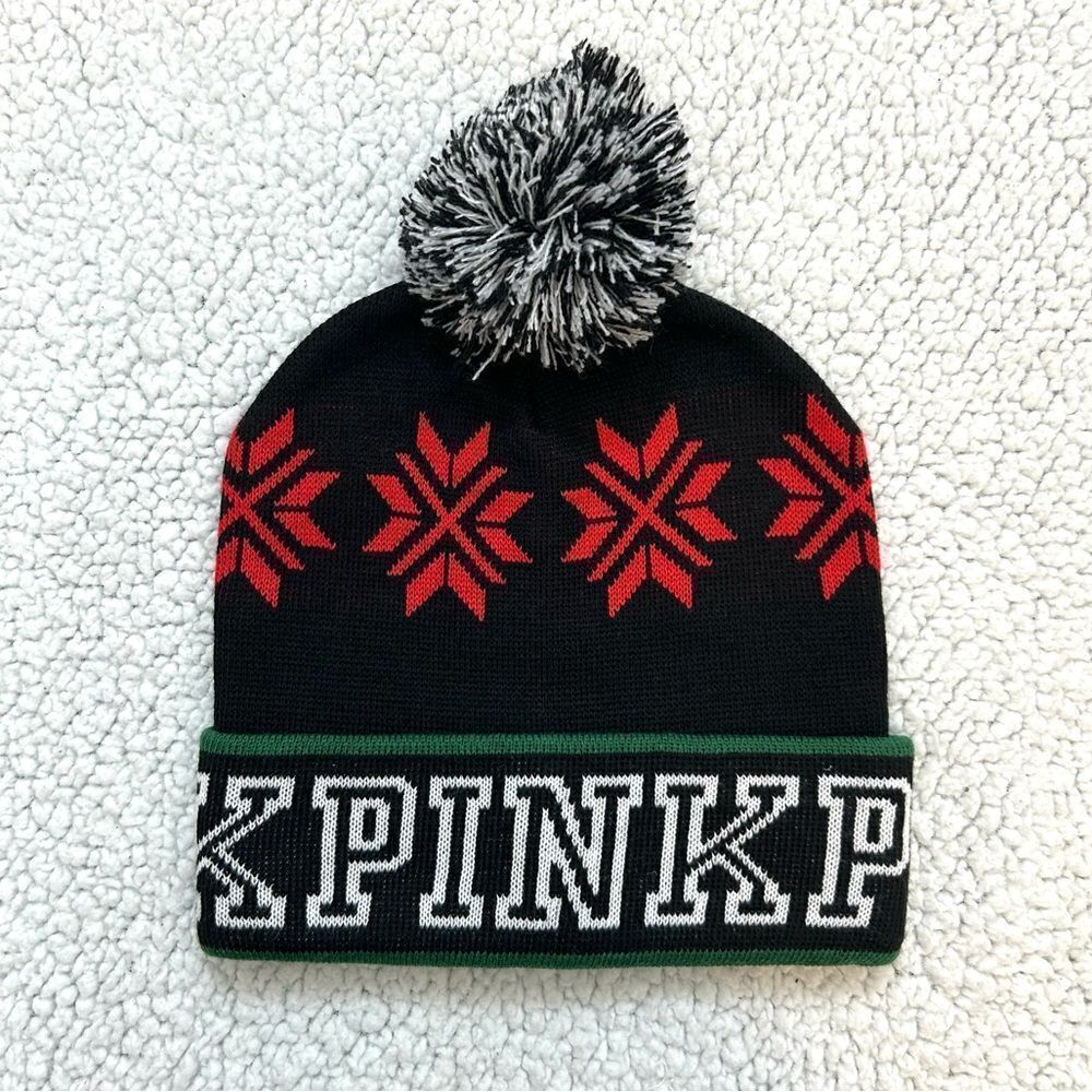 PINK Victorias Secret Beanie Hat Tobaggan Pom Pom Chic Holiday Snowflake Beanie